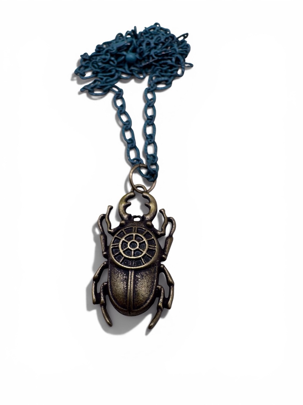 Bronze Scarab Pendant Necklace with Blue Chain